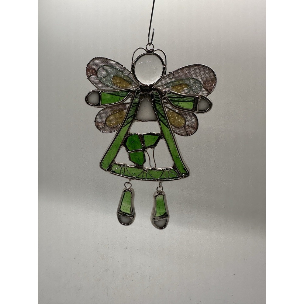 Stained Glass Angel Sun Catcher‎ Ornament Green Yellow Dangle Legs 6 Inches